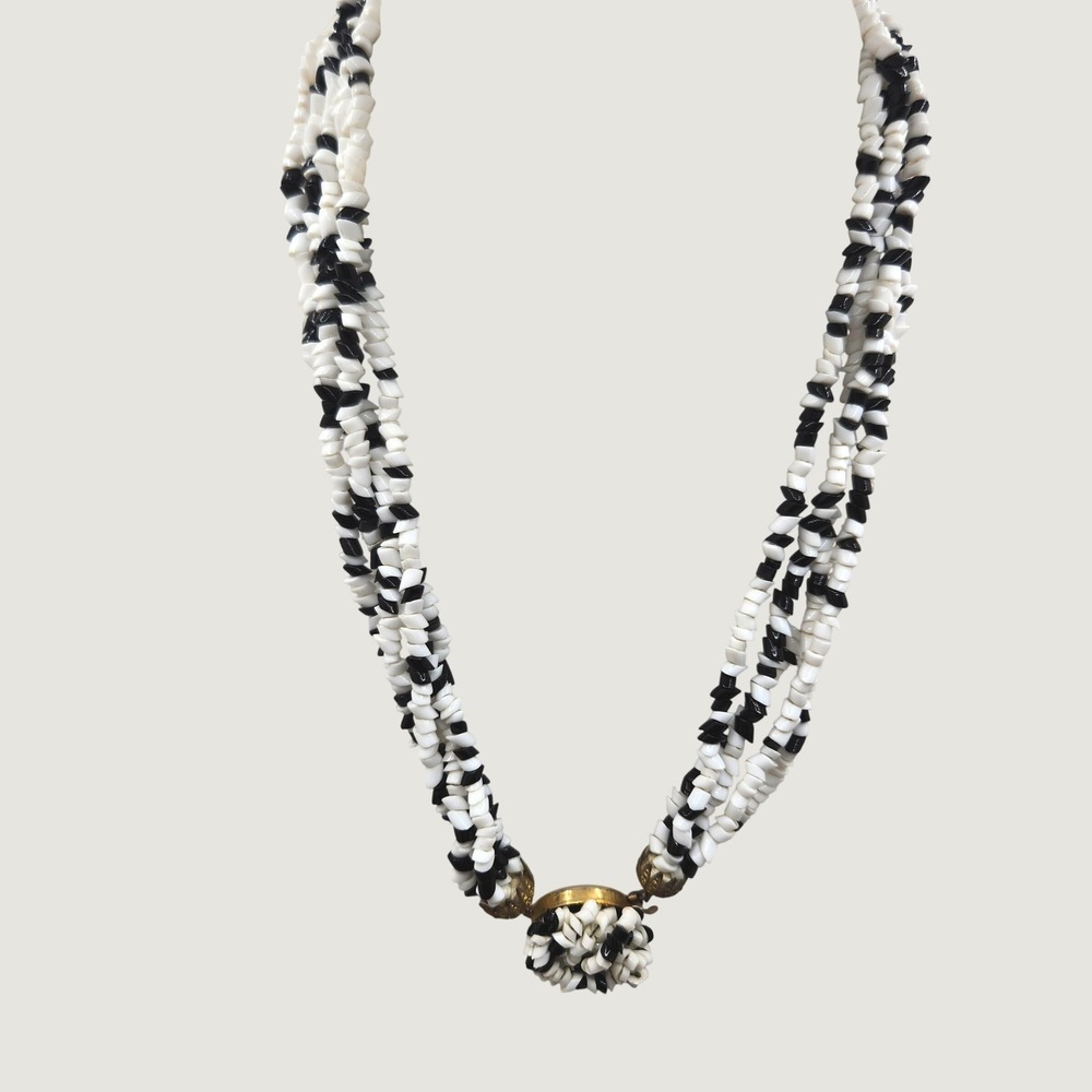 Vintage Multi Strand Beads Necklace Black White 5-Strand Classic Preppy